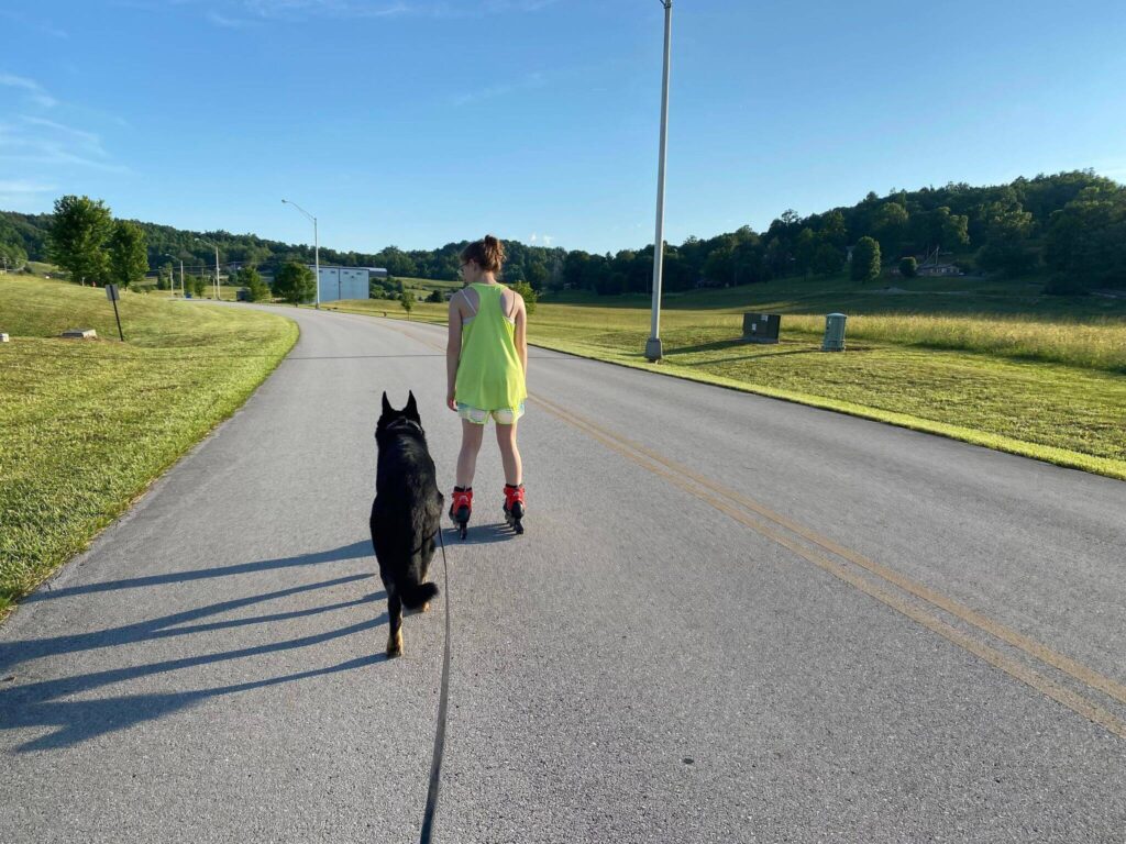 woman rollerblading on road with dog